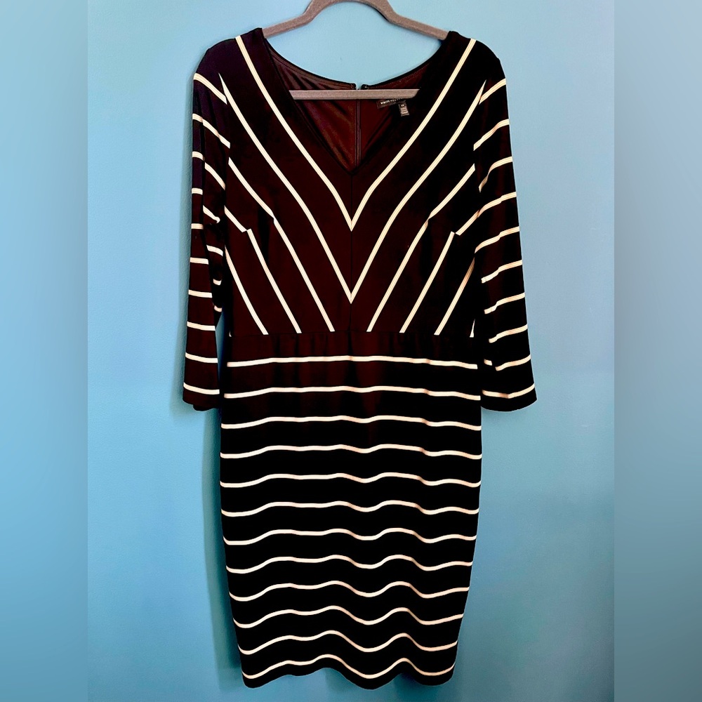 White House Black Market Stretchy Striped Dress. Size 12. Black, white & tan.
